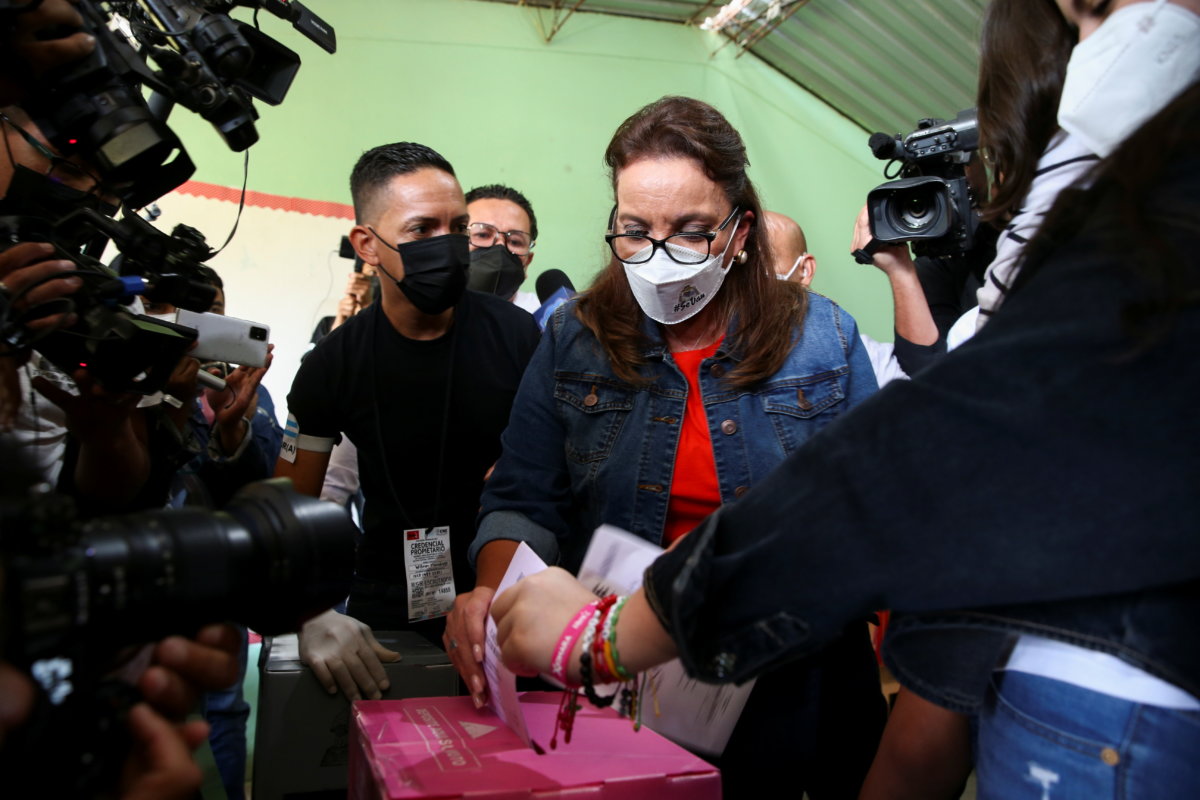 Xiomara Castro, presidential candidate of the Liberty and Refoundation Party (LIBRE) casts her vote in Catacamas