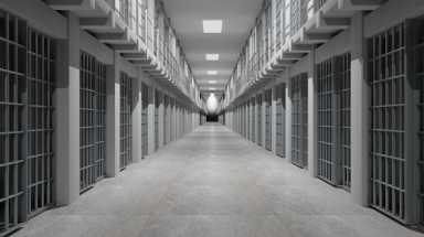 Rows of prison cells, prison interior.